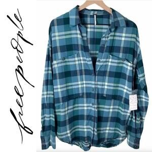 FREE PEOPLE NWT Button Up Plaid Blue Blouse Top Shirt – Small